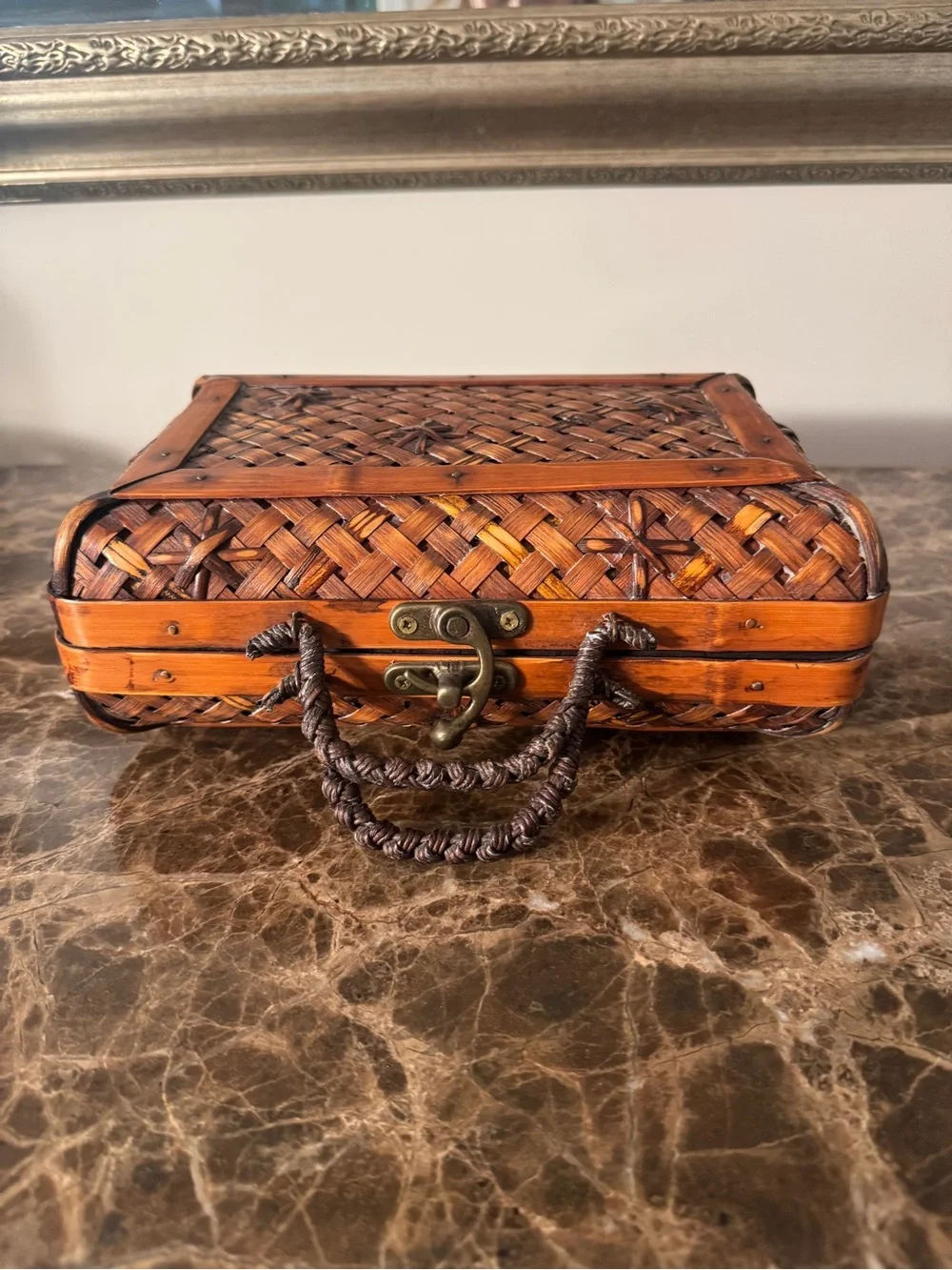 Vintage Woven Wood Storage Box / Trinket Case with Braided Handle